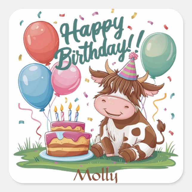 Highland Cow Happy Birthday Square Sticker (Front)