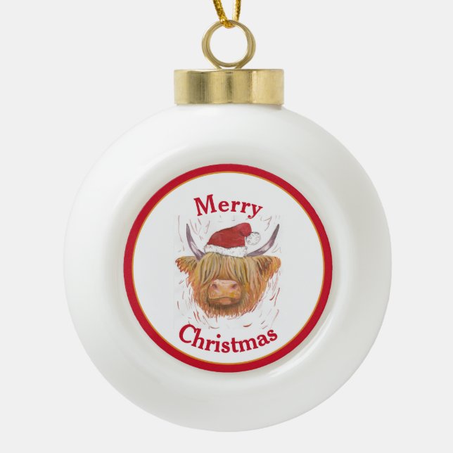 Highland Cow Hat Red Frame Merry Christmas Ceramic Ball Christmas Ornament (Front)