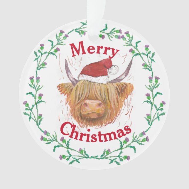 Highland Cow Hat Thistle Wreath Merry Christmas Ornament (Front)