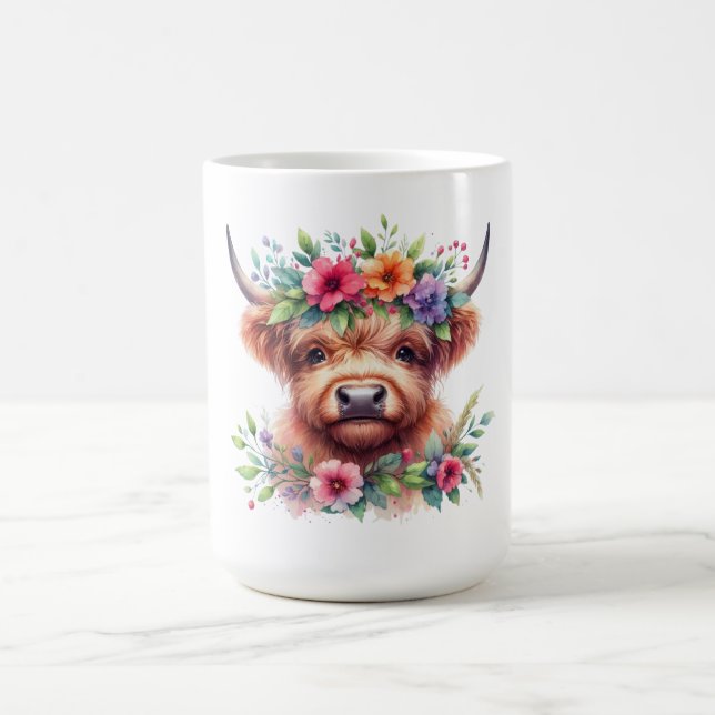 Highland Cow Head with Floral Crown – Rustic Farmh Coffee Mug (Center)