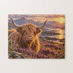 Highland Cow Heather Sunset Countryside Art Jigsaw Puzzle