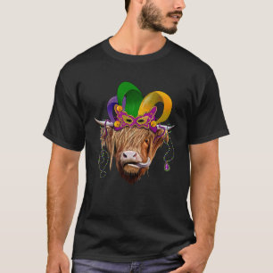 Highland Cow Heifer Mardi Gras Jester Hat Beads T-Shirt