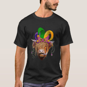 Highland Cow Heifer Mardi Gras Jester Hat Beads T-Shirt