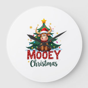 Highland Cow Heifer Santa Hat Mooey Christmas Tree Large Clock