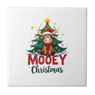 Highland Cow Heifer Santa Hat Mooey Christmas Tree Tile