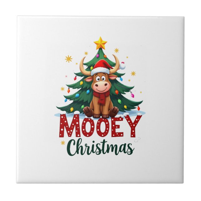 Highland Cow Heifer Santa Hat Mooey Christmas Tree Tile (Front)