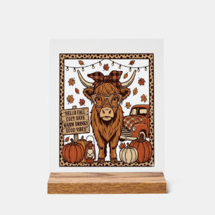 Highland Cow Hello Fall Vintage Engraving Design Acrylic Sign