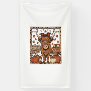 Highland Cow Hello Fall Vintage Engraving Design Banner