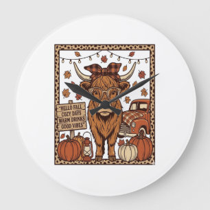 Highland Cow Hello Fall Vintage Engraving Design Large Clock