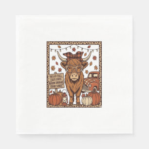 Highland Cow Hello Fall Vintage Engraving Design Napkin