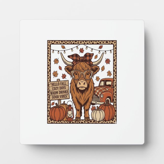 Highland Cow Hello Fall Vintage Engraving Design Plaque (Front)
