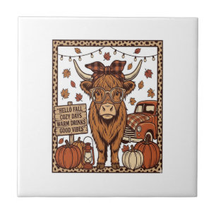 Highland Cow Hello Fall Vintage Engraving Design Tile