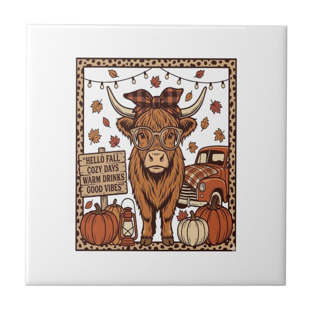 Highland Cow Hello Fall Vintage Engraving Design Tile (Front)