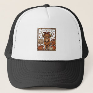 Highland Cow Hello Fall Vintage Engraving Design Trucker Hat