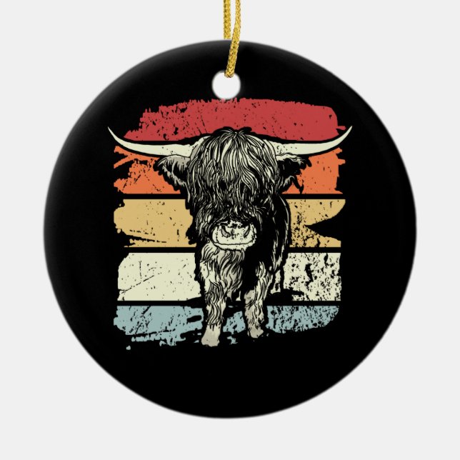 Highland Cow Highland Cows Retro Ceramic Tree Decoration (Front)