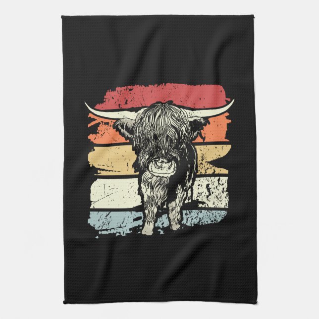 Highland Cow Highland Cows Retro Tea Towel (Vertical)