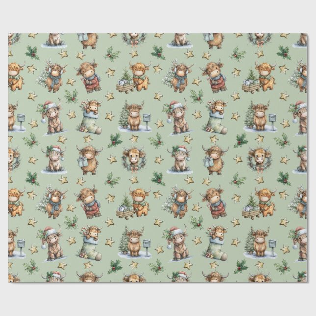 Highland Cow Holiday Parade Wrapping Paper (Flat)