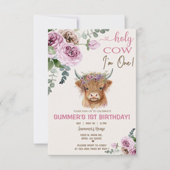 Highland cow, holy cow girl birthday invitation. invitation (Front)