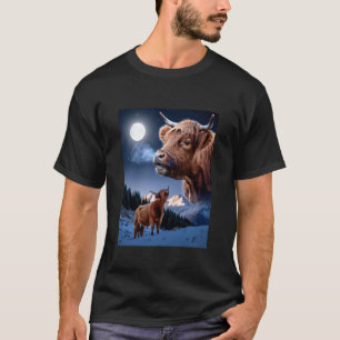 Highland Cow Howling at Moon Farm Animal Portrait T-Shirt