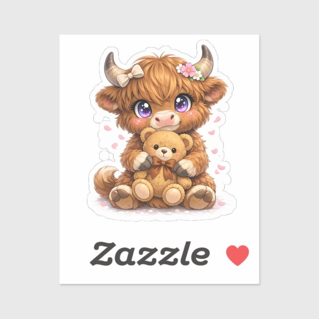  Highland Cow Hugging Teddy Bear Square Sticker (Sheet)