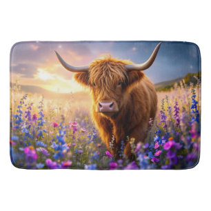 Highland Cow in a field of colourful flowers Bath Mat
