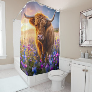 Highland Cow in a field of colourful flowers Shower Curtain