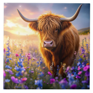 Highland Cow in a field of colourful flowers Tile