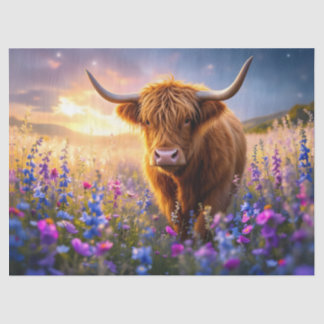 Highland Cow in a field of colourful flowers Tissue Paper