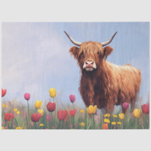 Highland Cow in a Field of Tulips Decoupage Tissue Paper