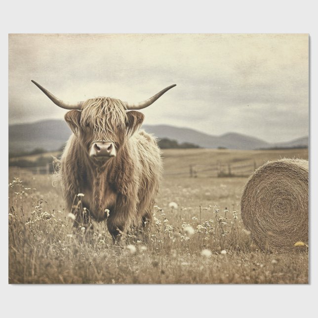 Highland Cow in a Hay Field Decoupage Wrapping Paper (Flat)