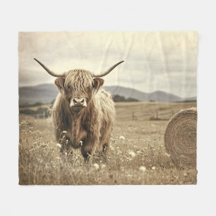 Highland Cow in a Hay Field Vintage Fleece Blanket