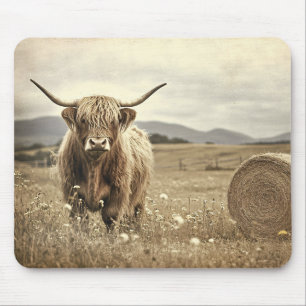 Highland Cow in a Hay Field Vintage Mouse Mat