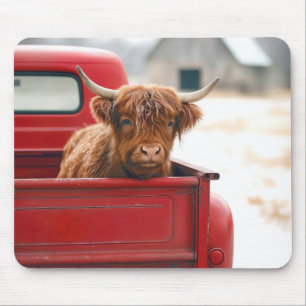 Highland Cow In a Red Retro Pickup Truck Mouse Mat