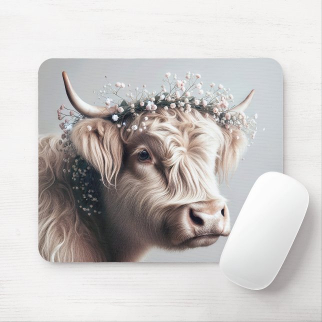 Highland Cow In Baby's Breath Mouse Mat (With Mouse)
