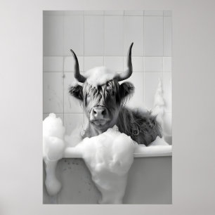 Highland Cow in Bathtub Print, Funny Bathroom Poster