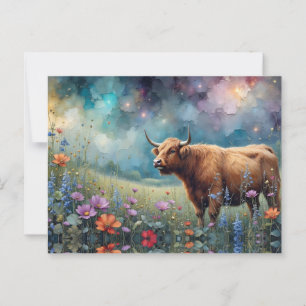 Highland Cow in Colorful Floral Tapestry Postcard
