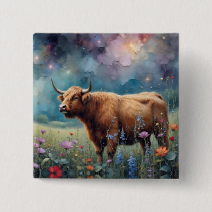 Highland Cow in Colourful Floral Tapestry 15 Cm Square Badge