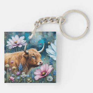 Highland Cow in Colourful Floral Tapestry Key Ring