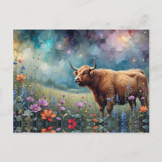 Highland Cow in Colourful Floral Tapestry Postcard (Front)