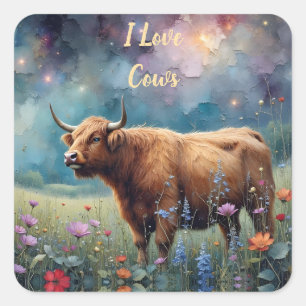 Highland Cow in Colourful Floral Tapestry Square Sticker