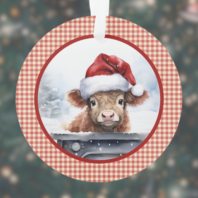 Highland Cow in Cute Santa Hat Gingham Christmas Ornament (Creator Uploaded)