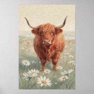Highland Cow in Daisy Meadow - Rustic Farmhouse Wa Poster