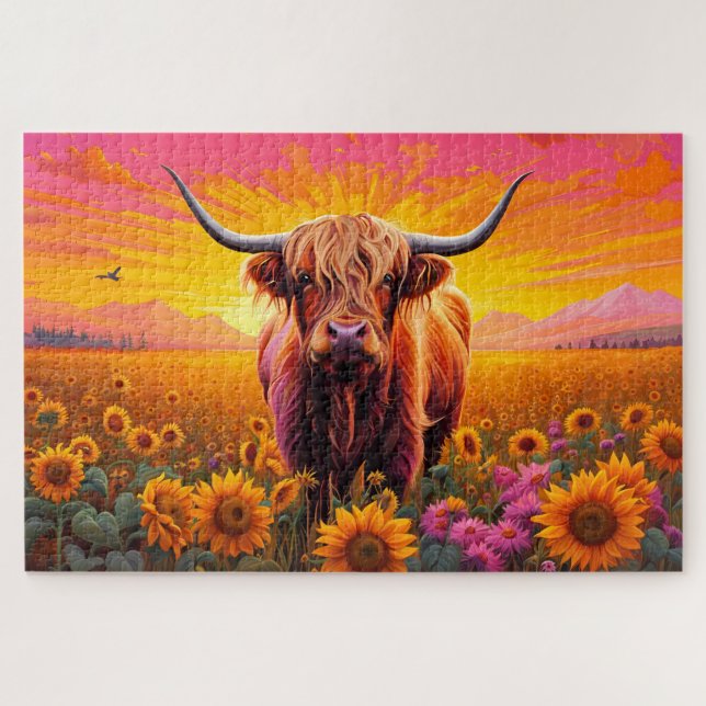 Highland Cow in Field of Sunflowers at Dawn  Jigsaw Puzzle (Horizontal)