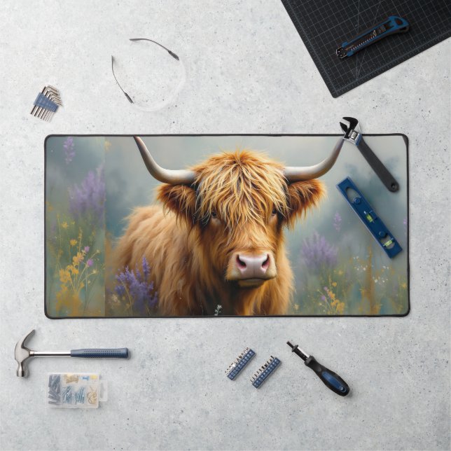 Highland Cow in Floral Meadow Close up Desk Mat (Workstation)
