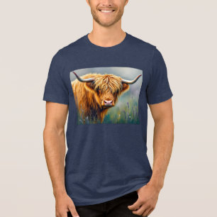 Highland Cow in Floral Meadow Close up Tri-Blend Shirt