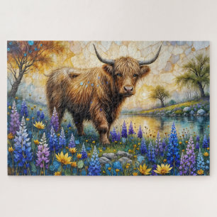 Highland Cow in Floral Valley Landscape Jigsaw Puzzle