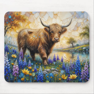 Highland Cow in Floral Valley Landscape Mouse Mat