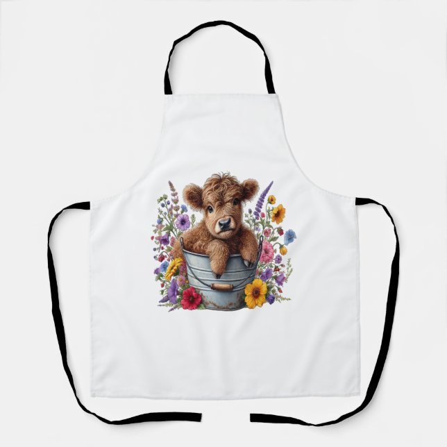 Highland Cow in Flower Bucket , Cute Apron (Front)