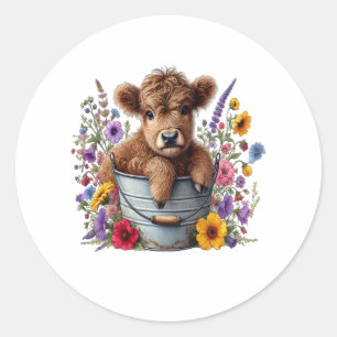 Highland Cow in Flower Bucket , Cute Classic Round Sticker