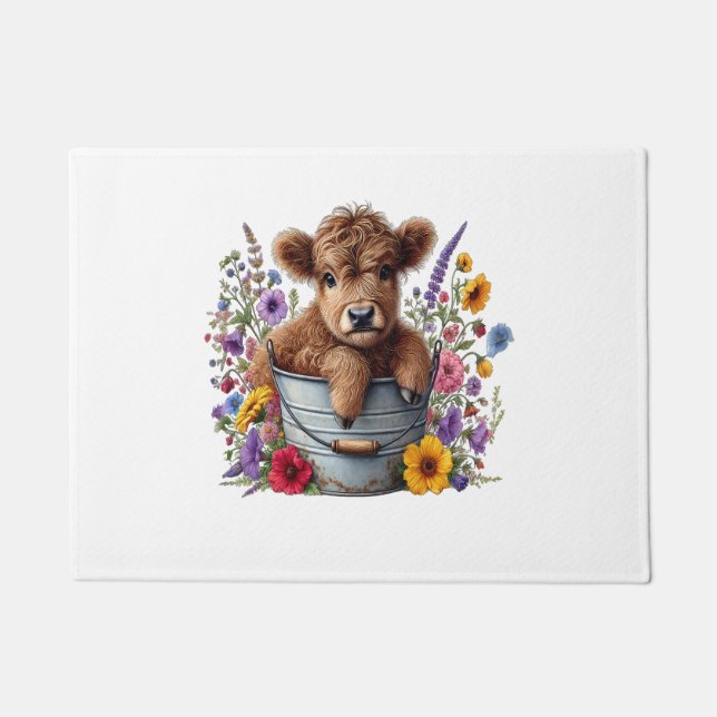 Highland Cow in Flower Bucket , Cute Doormat (Front)